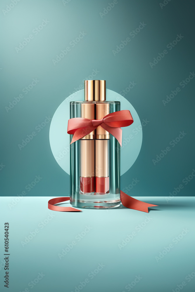 Poster a bottle of perfume with a red ribbon tied around it. generative ai.