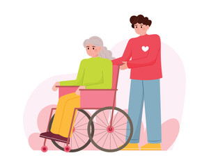 Young man working in volunteering organization, carrying lady in wheelchair. Cartoon character helping old people. Working in donation and charity center. Flat vector illustration in red colors