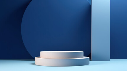 Blue and white round podium on blue, monochromatic. Product podium for product showcase. Generative AI.