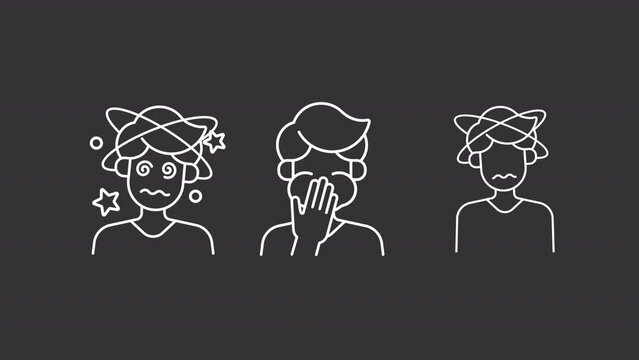 Feeling sick white icons animation. Animated line heat exhaustion. Health issue. Hot weather. Loop HD video with chroma key, alpha channel, transparent background. Outline motion graphic animation