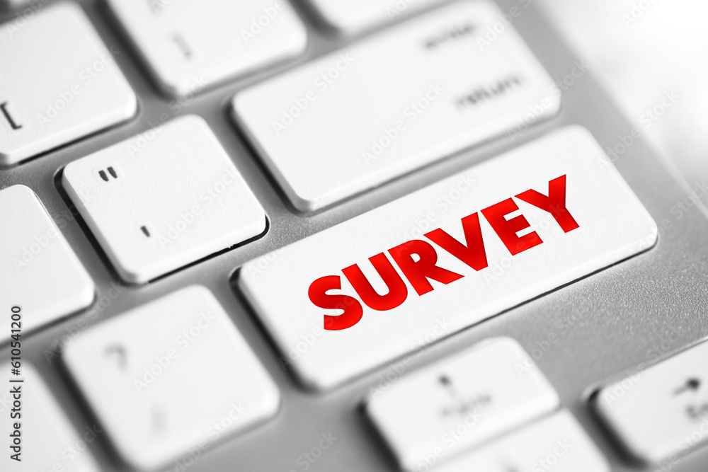 Poster survey text button on keyboard, concept background