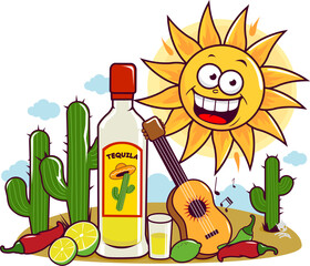 Mexican bottle of tequila in the desert and cartoon sun. Vector illustration
