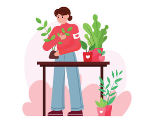 Young female in uniform standing near table and holding potted flowers. Lady working in volunteering organization, helping nature. Flat vector illustration in red colors