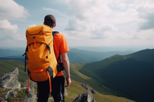 Climber with hiking backpack go to the mountains