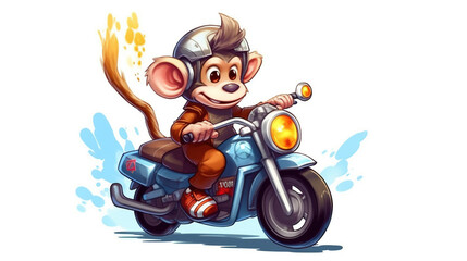 Monkey riding a motorcycle on white background. Cartoon character. Cartoon illustration, Generative Ai