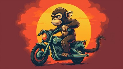 Monkey riding a motorcycle on orange background. Cartoon character. Cartoon illustration, Generative Ai