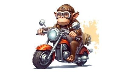 Monkey riding a motorcycle on white background. Cartoon character. Cartoon illustration, Generative Ai
