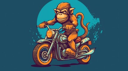 Obraz na płótnie Canvas Monkey riding a motorcycle on blue background. Cartoon character. Cartoon illustration, Generative Ai
