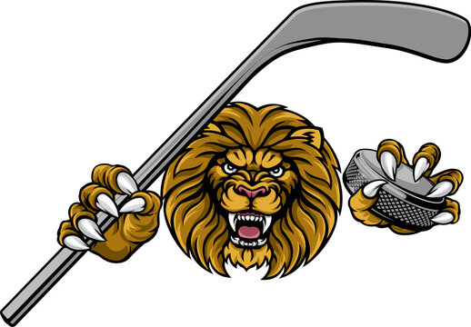 A lion ice hockey player cartoon sports mascot holding a hockey puck and stick