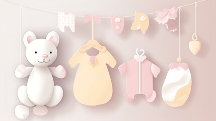 Baby shower banner with cartoon rocket and balloons.