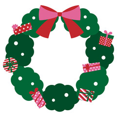 プレゼントとリボンで装飾されたクリスマスリース