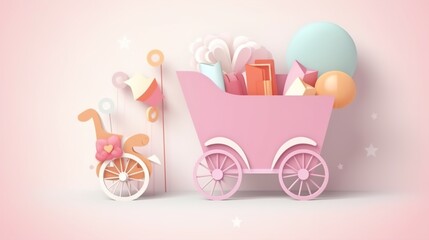 Baby shower banner with cartoon rocket and balloons.