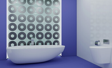 Fototapeta na wymiar Spacious bathroom in gray tones with heated floors, freestanding tub. 3D rendering.