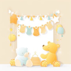 Baby shower banner with cartoon rocket and balloons.