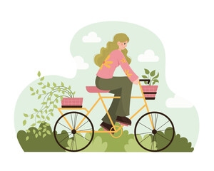Female on eco transport. Young female ride bicycle in park and carries potted flowers. Sport and activity concept. Environmental protection. Flat vector illustration in green colors