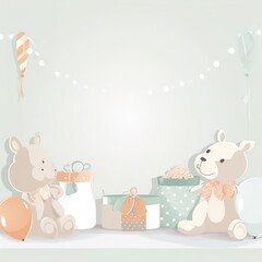 Baby shower banner with cartoon rocket and balloons.