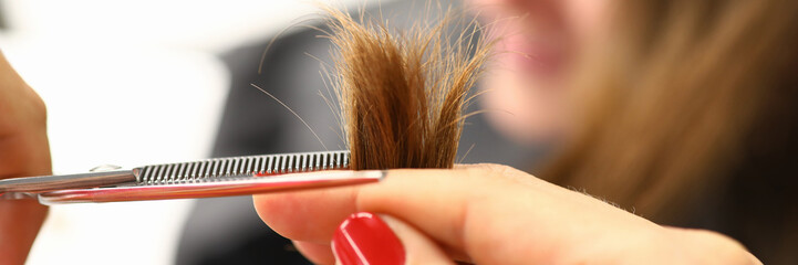 Cutting split ends with scissors closeup, hairdresser cuts brown hair with scissors. haircut...