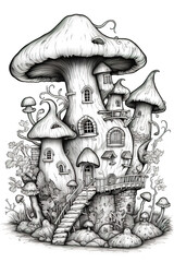 A black and white drawing of a mushroom house. Coloring page for kids. Generative AI.