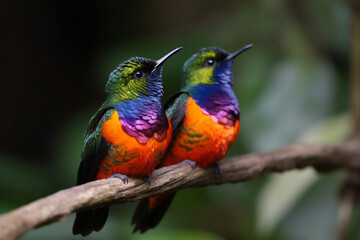 close-up of two colorful hummingbird perched on a branch in the Andean rainforest