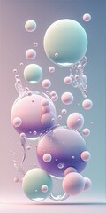 Illustration of bubbles and liquid floating on light blue and pink gradient background. Created with Generative AI technology