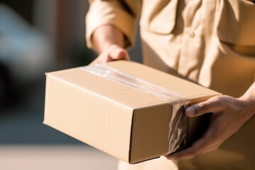 Close-up of unrecognizable delivery man with cardboard box