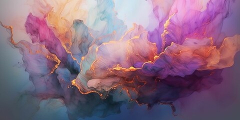Illustration of abstract painting with blue, purple tone colors and golden lines. Created with Generative AI technology