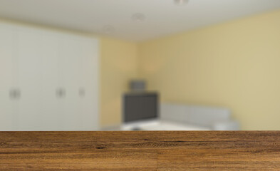 Modern office building interior. 3D rendering.. Background with empty wooden table. Flooring.