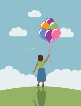 little girl on green meadow dream about flying with balloons
