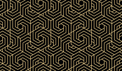 Abstract geometric pattern with stripes, lines. Seamless vector background. Gold and black ornament. Simple lattice graphic design