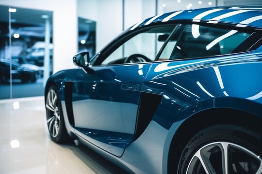 close up Modern blue coupe sports car in showroom with big windows