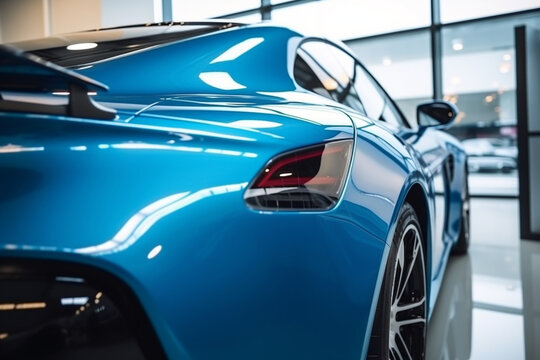 close up Modern blue coupe sports car in showroom with big windows