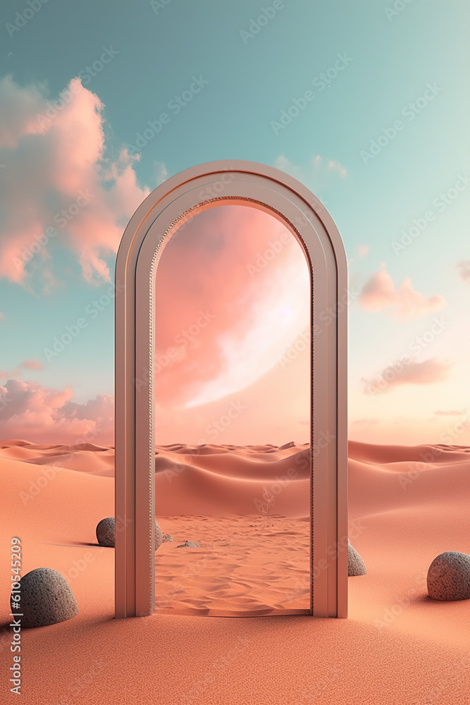 Poster an open door in a desert with rocks in the foreground. generative ai.