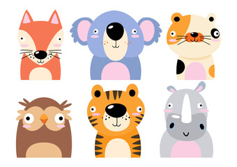 Naklejka premium Set of wildlife animals . Dumb face . Vector illustration .