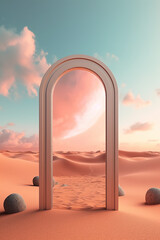 An open door in a desert with rocks in the foreground. Generative AI.