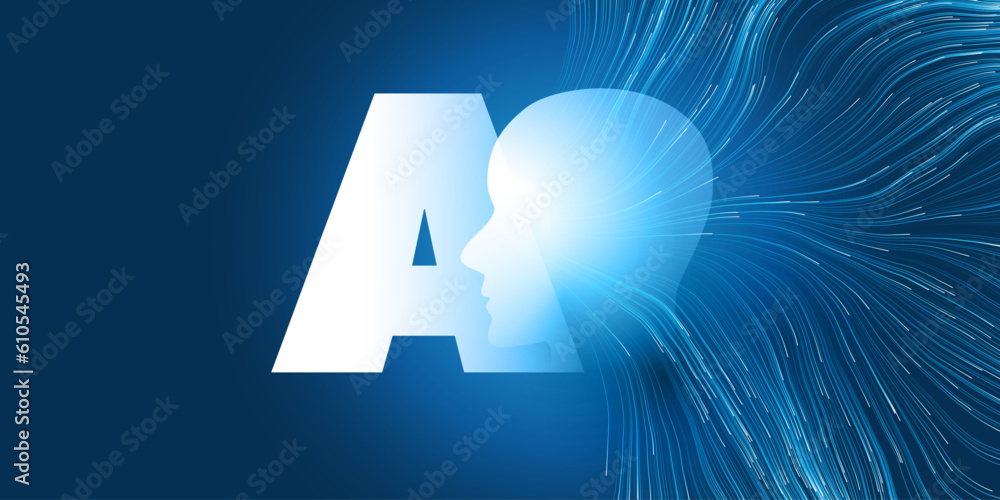 Poster blue machine learning, artificial intelligence and neural networking design concept with human or ro