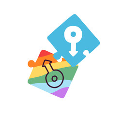 LGBT, homosexual love concept. LGBTQ couple match. Connecting two rainbow puzzle pieces. Gay romantic relationship, homosexuality support. Flat vector illustration isolated on white background