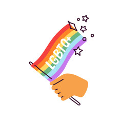 Hand holding rainbow-colored flag for homosexual, lesbian, gay love support. LGBTQ symbol, pride month, homosexuality and queer holiday concept. Flat vector illustration isolated on white background