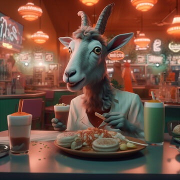 goat in a dress eating at a diner