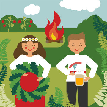 Midsummer girl and boy celebrating in green field, summer solstice day, ligo - latvian national summer event, people in traditional costumes in nature. Vector EPS
