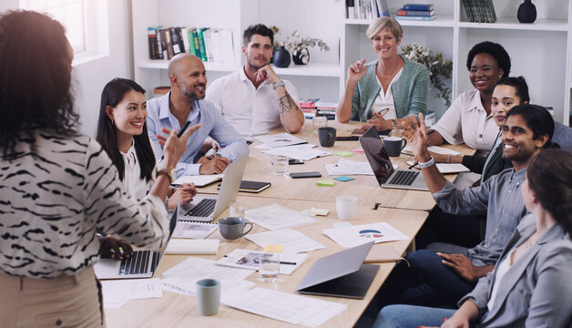 Professional, People And Listen To A Presentation In The Boardroom With Creative Planning. Diversity, Group And Business Listening To Presenter For A Collaboration And Startup Online At The Office.