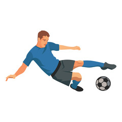 Obraz na płótnie Canvas Isolated figure of a football player in a blue sports uniform jumps to hit the ball