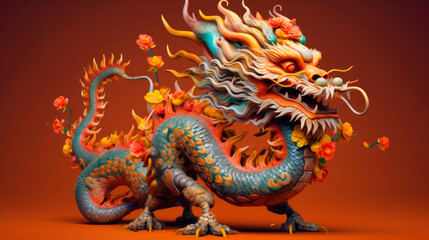 Fototapeta premium Traditional 3d chinese dragon illustration. 3d character dragon bright colors print for clothes, stationery. Banner chinese dragon 2024. New Year of the Dragon 2024. Generative ai.