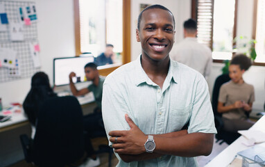 Black man, happy and portrait of designer with arms crossed in office workplace for business. Face,...