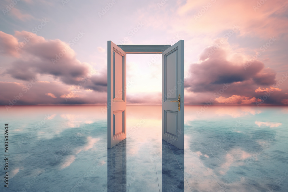 Poster an open door in the middle of a calm sea or lake with reflection. generative ai.