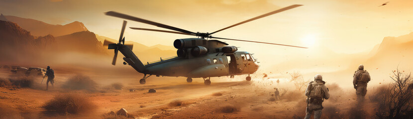 Fototapeta na wymiar a painting of soldiers and helicopters near the desert, generative AI