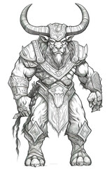 Fototapeta na wymiar A drawing of a Minotaur, a bull man with horns and armor. Coloring page for kids. Generative AI.