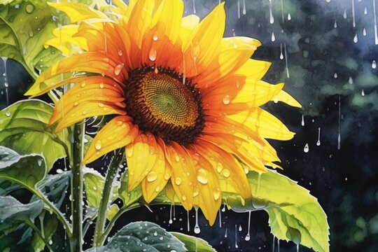 sunflower in the rain, capturing the glistening droplets on the petals and leaves. transparency and create soft, blurred edges to evoke a sense of movement and the refreshing nature of rain  