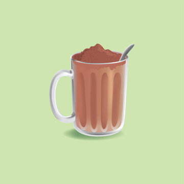 Milo hot chocolate drink vector illustration in transparent glass mug with metallic spoon