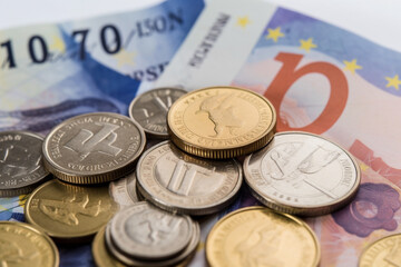 Close up view of European Union banknotes and coins