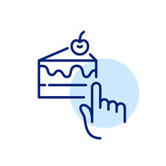 Ordering desert on a touch screen. Finger tapping on cherry cake picture. Pixel perfect, editable stroke simple icon